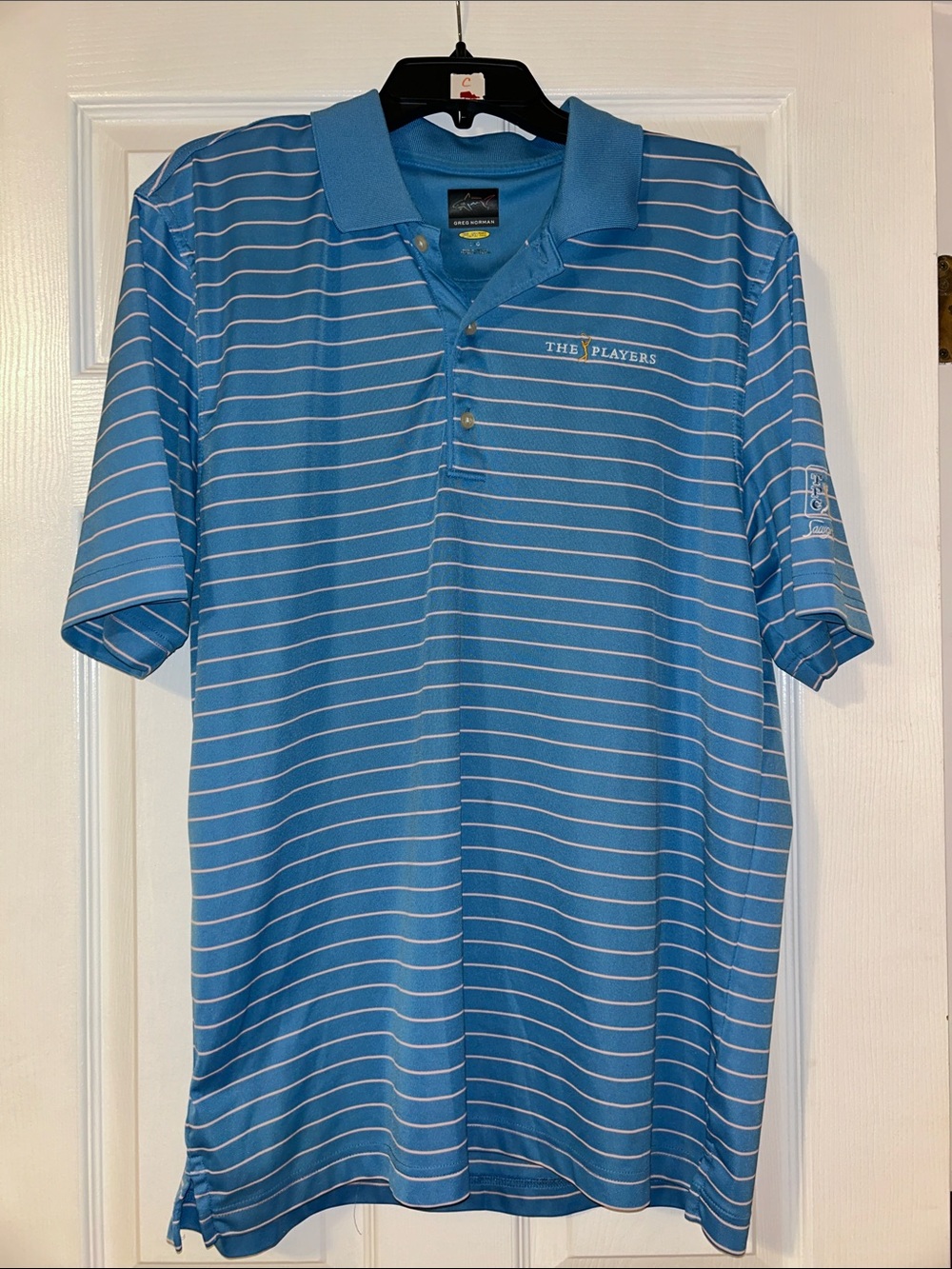 Greg Norman Collection The Players TPC Light Blue and White Striped Polo